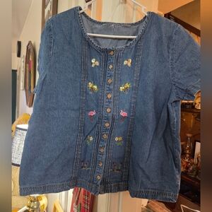 Beachy Embroidered Button Up Denim Blouse- Size Large